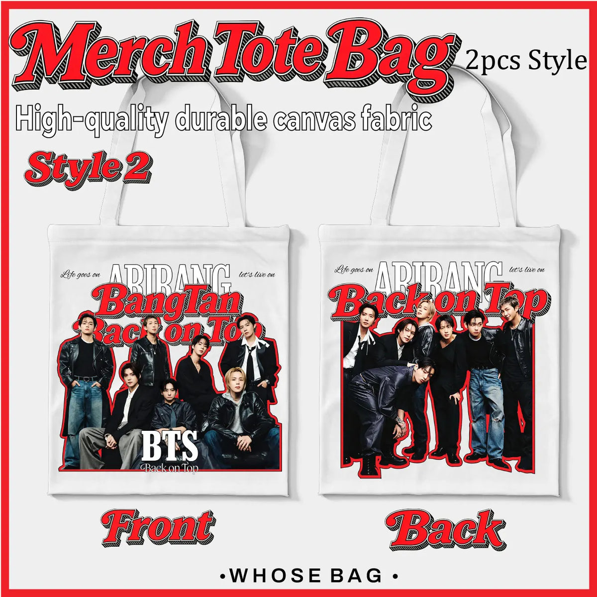 BT/S Bag，BANG/TAN BACK ON TOP Bag，AIRANG Canvas Tote Bag，BT2/1,Best Gift For ARMY Fans，JK/RM/SU/GA/JH/V/JIN/JIMIN