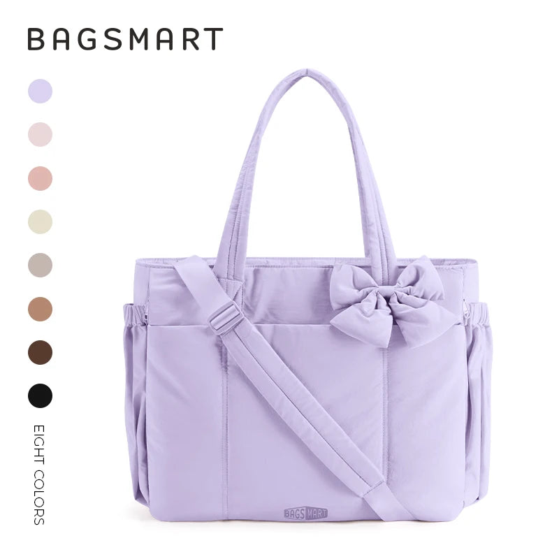 BAGSMART Padded Tote Bag With Bow Casual Quilted Padded Women Shoulder Bags Fit 15.6in Laptop Large Capacity Yoga Gym Bags