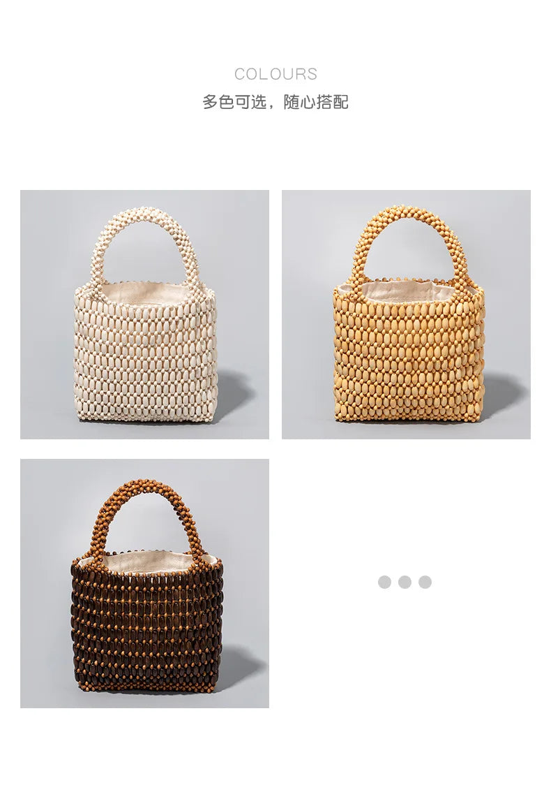 Women's Tote Bag Large Capacity Color Block Wooden Beaded Handmade Bohemian Summer Beach Resort Vacation