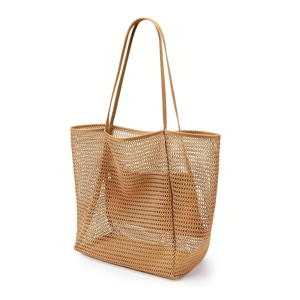 Women's Large Capacity Beach Tote Bag - Durable Polyester Woven Shoulder Bag with Open Top for Travel, Shopping