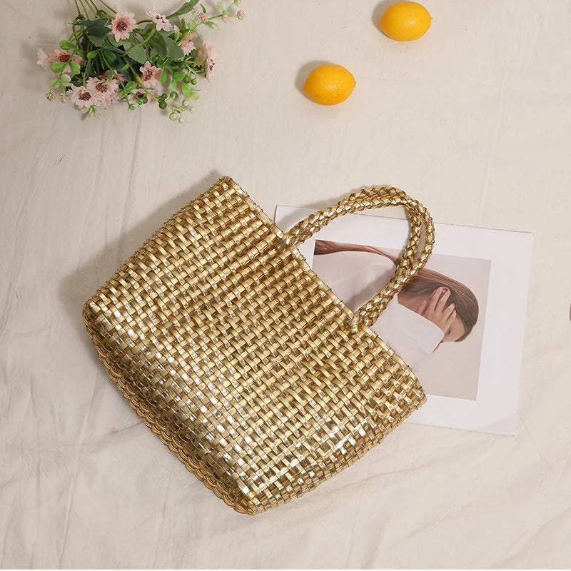 Fashionable Metallic Hand-held Large Capacity Woven Bag New Minimalist Tote Bag Women's Beach Vacation Beach Bag