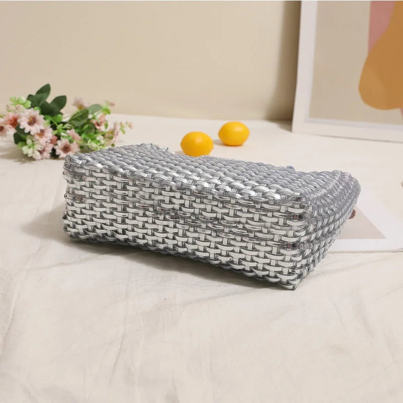Fashionable Metallic Hand-held Large Capacity Woven Bag New Minimalist Tote Bag Women's Beach Vacation Beach Bag