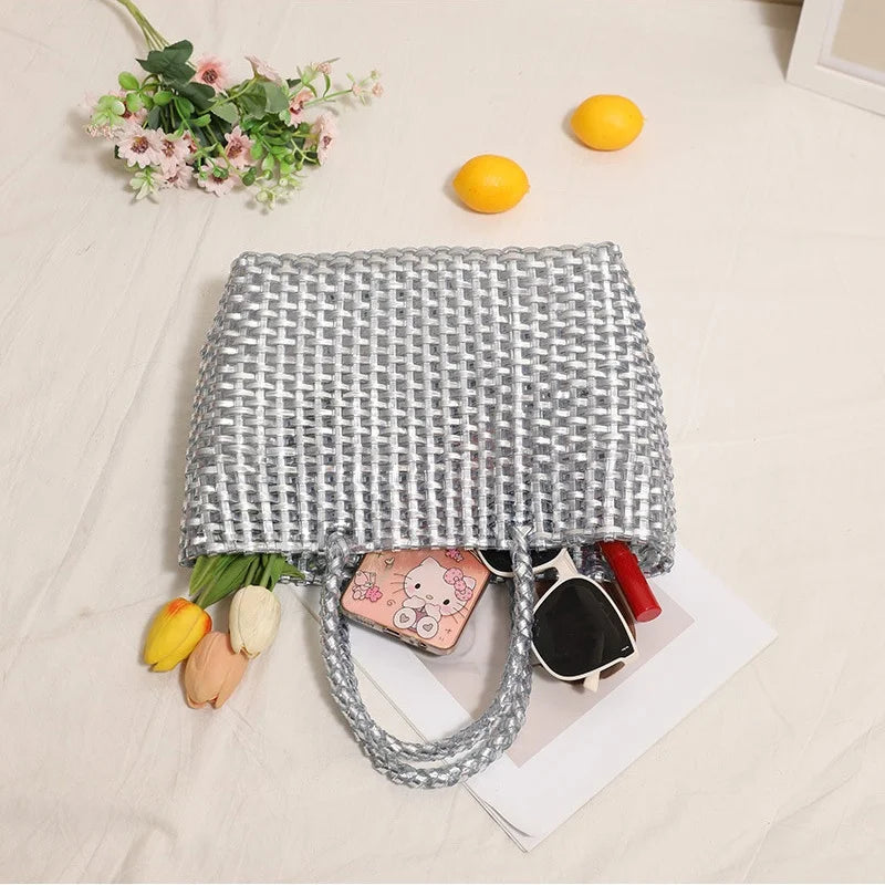 Fashionable Metallic Hand-held Large Capacity Woven Bag New Minimalist Tote Bag Women's Beach Vacation Beach Bag