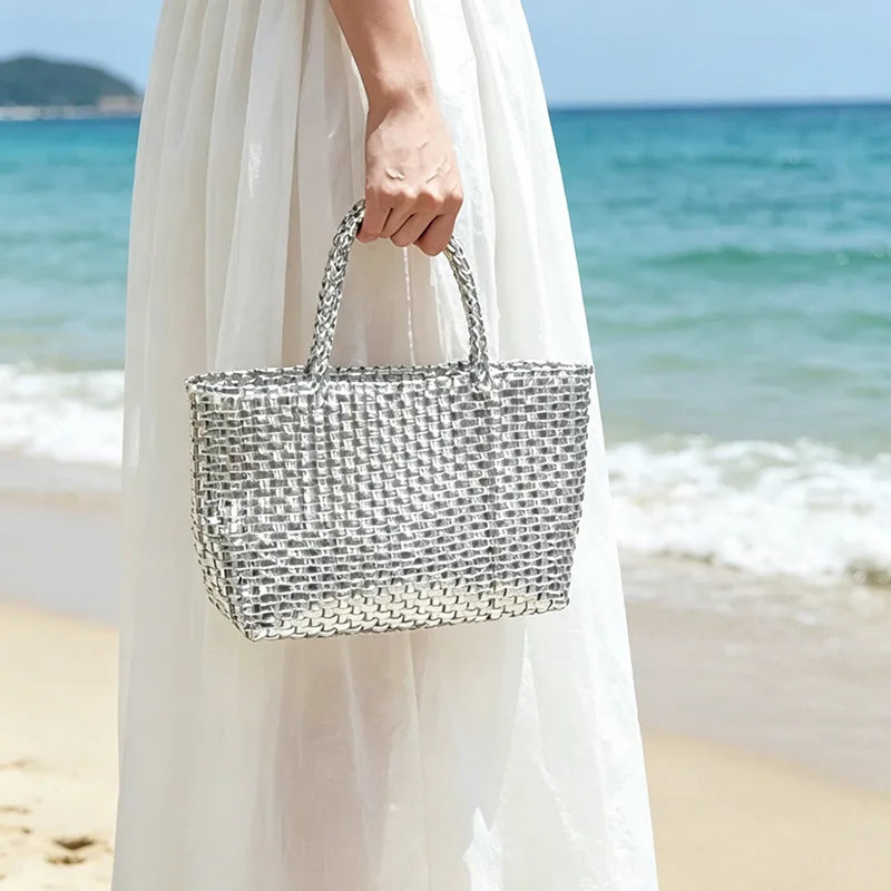 Fashionable Metallic Hand-held Large Capacity Woven Bag New Minimalist Tote Bag Women's Beach Vacation Beach Bag