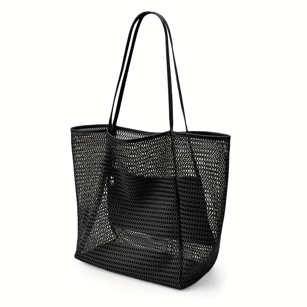 Women's Large Capacity Beach Tote Bag - Durable Polyester Woven Shoulder Bag with Open Top for Travel, Shopping