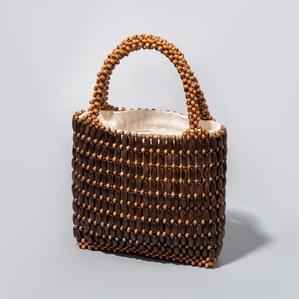 Women's Tote Bag Large Capacity Color Block Wooden Beaded Handmade Bohemian Summer Beach Resort Vacation