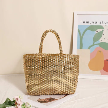 Fashionable Metallic Hand-held Large Capacity Woven Bag New Minimalist Tote Bag Women's Beach Vacation Beach Bag