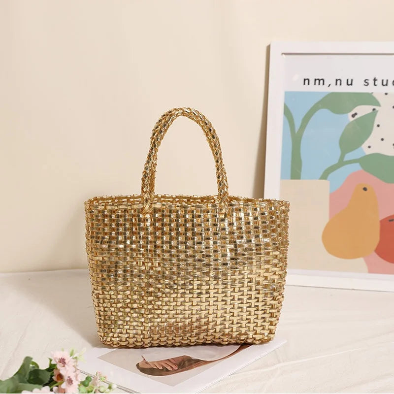 Fashionable Metallic Hand-held Large Capacity Woven Bag New Minimalist Tote Bag Women's Beach Vacation Beach Bag