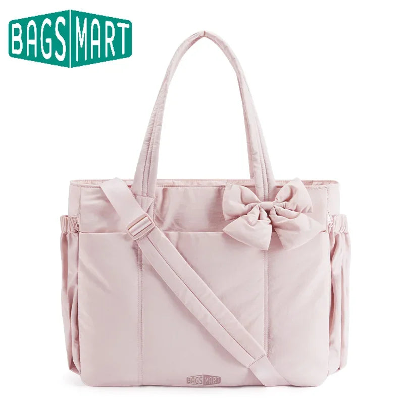 BAGSMART Padded Tote Bag With Bow Casual Quilted Padded Women Shoulder Bags Fit 15.6in Laptop Large Capacity Yoga Gym Bags