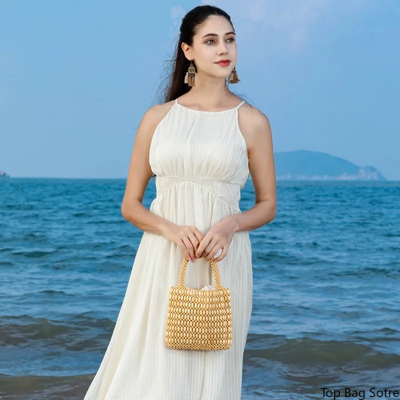 Women's Tote Bag Large Capacity Color Block Wooden Beaded Handmade Bohemian Summer Beach Resort Vacation