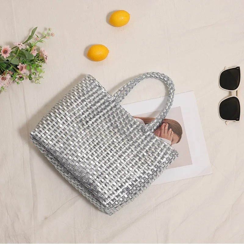 Fashionable Metallic Hand-held Large Capacity Woven Bag New Minimalist Tote Bag Women's Beach Vacation Beach Bag