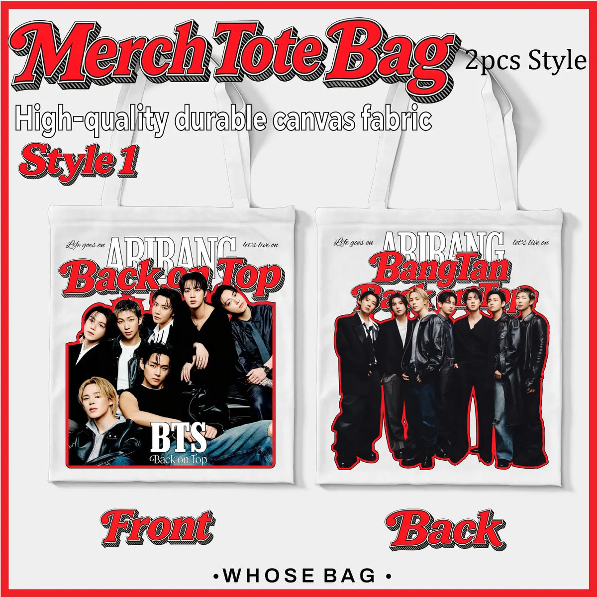 BT/S Bag，BANG/TAN BACK ON TOP Bag，AIRANG Canvas Tote Bag，BT2/1,Best Gift For ARMY Fans，JK/RM/SU/GA/JH/V/JIN/JIMIN