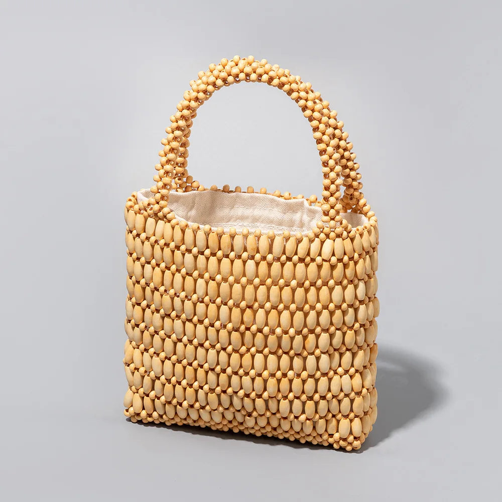Women's Tote Bag Large Capacity Color Block Wooden Beaded Handmade Bohemian Summer Beach Resort Vacation