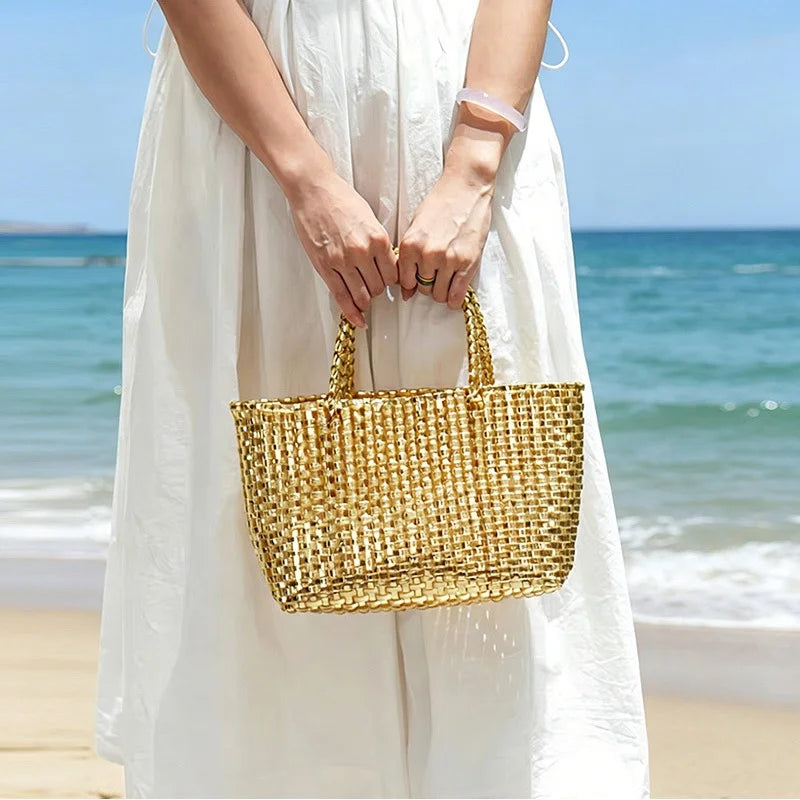 Fashionable Metallic Hand-held Large Capacity Woven Bag New Minimalist Tote Bag Women's Beach Vacation Beach Bag