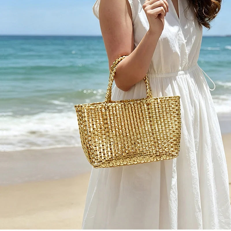 Fashionable Metallic Hand-held Large Capacity Woven Bag New Minimalist Tote Bag Women's Beach Vacation Beach Bag
